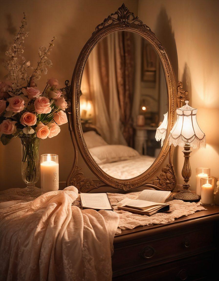 A vintage bedroom setting with soft, warm lighting, featuring an ornate, plush bed draped with delicate lace and satin sheets. Include nostalgic elements like an antique vanity mirror, vintage photographs in sepia tones, and old love letters scattered around. Add a touch of intimacy with softly glowing candlelight and scattered rose petals. Emphasize sensual, timeless elegance and allure. painting. warm tones. soft focus.